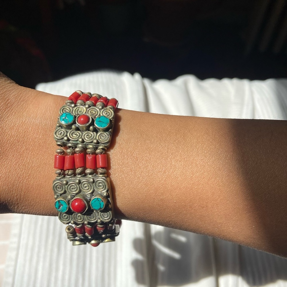 Beautiful bohemian  genuine Tibetan beaded bracelet. Turquoise Coral-Jewelry